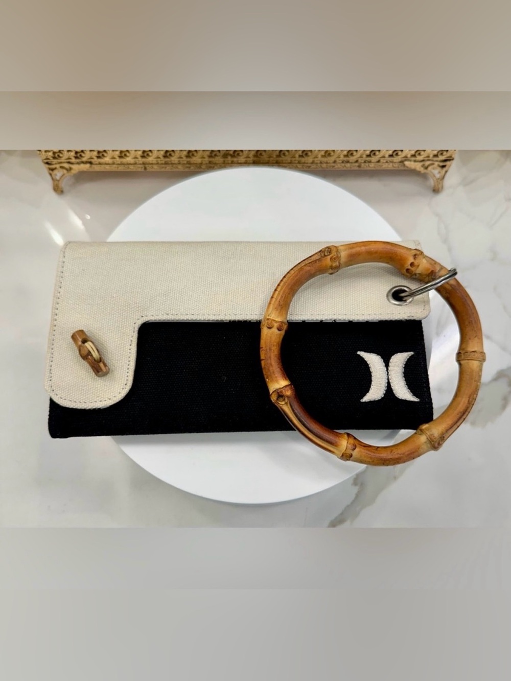 Hurley Bamboo Bangle-Handle Black & Cream Canvas Clutch/Wristlet Wallet - EUC